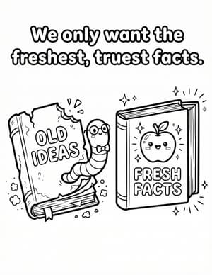 A rotten book labeled Old Ideas with a worm poking out, beside a shiny book labeled Fresh Facts.