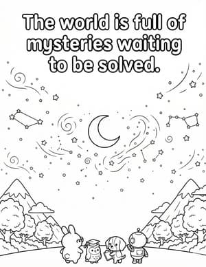 A starry night sky with constellations and a crescent moon over mountains, with four tiny friends looking up.