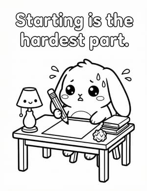 A worried bunny holding a pencil over a blank sheet of paper at a desk.