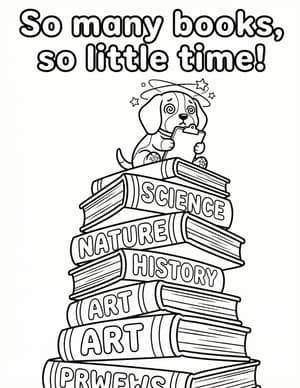 A dizzy puppy on top of a wobbly stack of giant books labeled Science, Nature, History, and Art.