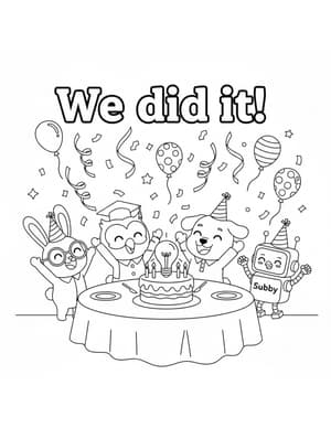 The bunny, owl, puppy, and Subby the Robot celebrating with a cake, balloons, and confetti.