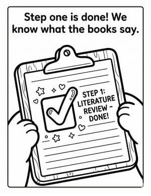 Hands holding a clipboard with a big checkmark next to the words Step 1: Literature Review Done.