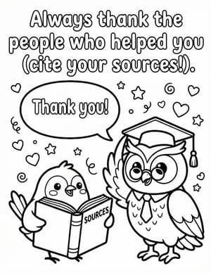 Professor Hoot beside a small bird who reads a Sources book and says Thank you!