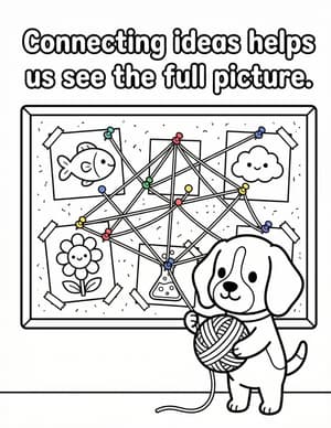 A puppy holding a ball of yarn in front of a corkboard of pictures connected by strings.