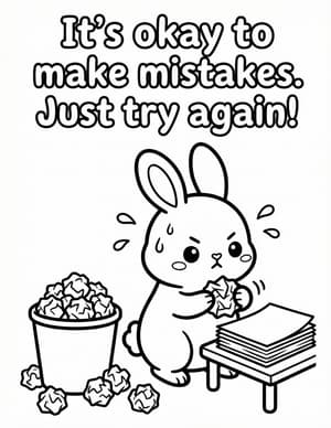 A determined bunny crumpling paper next to an overflowing wastebasket.