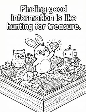 The owl, bunny, puppy, and robot digging through a sandbox full of papers; the bunny holds up a sparkling gem.