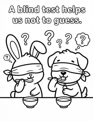 A blindfolded bunny and puppy tasting from spoons, with question marks above them.