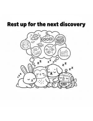 The bunny, owl, puppy, and Subby the Robot asleep in a pile, dreaming of planets, books, and charts.