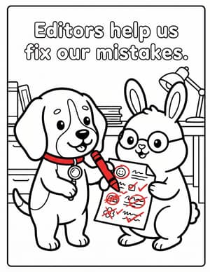 A puppy marking corrections in red pen on a paper held by a bunny in glasses.