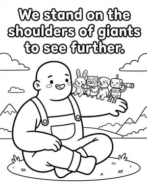 A friendly smiling giant sitting in a meadow, with the bunny, owl, puppy, and robot standing on his shoulder.
