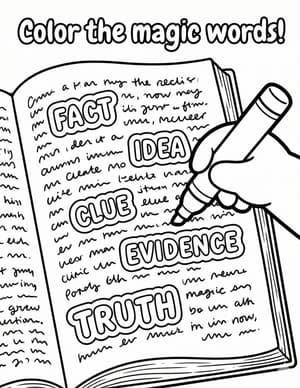 An open book of scribbles with the words Fact, Idea, Clue, Evidence, and Truth, and a hand holding a marker.