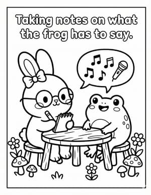 A bunny in glasses taking notes at a small table across from a singing frog.