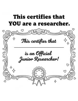 A fancy framed Official Junior Researcher diploma with a ribbon seal and a blank line for a name.