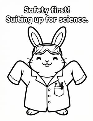 A happy bunny wearing safety goggles and a lab coat.