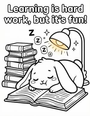 A bunny asleep on an open book next to a stack of books and a glowing desk lamp.