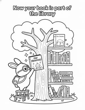 A bunny on a step stool placing a book called Our Discovery on a tree bookshelf.