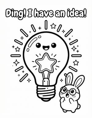 A giant smiling lightbulb with a star-shaped filament, and a surprised bunny beside it.