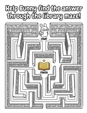 A library maze of bookshelves, with a bunny at the start and a glowing golden book at the finish.