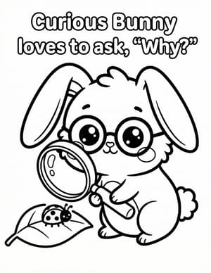 A bunny in big round glasses peering through a magnifying glass at a ladybug on a leaf.