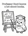 Professor Hoot, a wise owl in a mortarboard cap and bow tie, pointing a stick at a chalkboard.