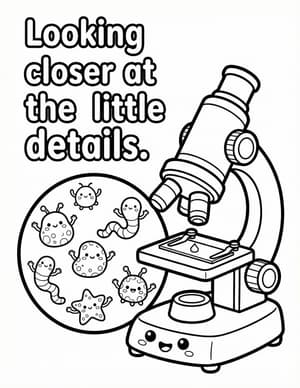 A giant microscope next to a magnified circle of smiling, waving microbes.