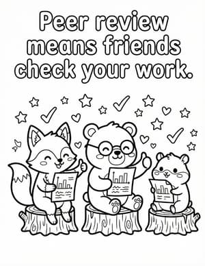 A fox, a bear, and a little hamster sitting on tree stumps, smiling as they read papers.