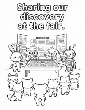 The bunny, owl, puppy, and robot presenting a science fair poster board to an audience of animals.