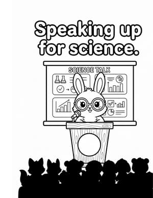 A bunny in glasses speaking at a podium in front of a Science Talk screen of charts.