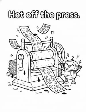 Subby the Robot cheering beside a printing press rolling out fresh pages.