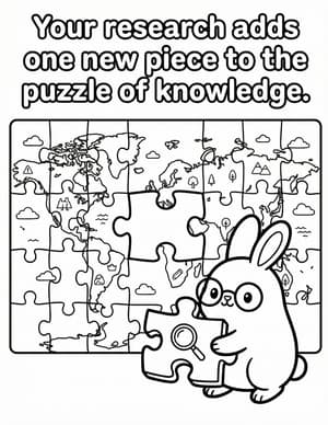 A bunny in glasses fitting a missing piece into a giant world map jigsaw puzzle.