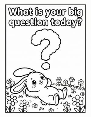 A bunny lying in a flower meadow, gazing up at a cloud shaped like a big question mark.