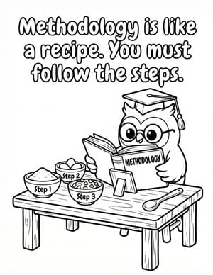 Professor Hoot reading a Methodology cookbook beside bowls labeled Step 1, Step 2, and Step 3.