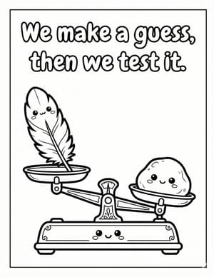 A balance scale with a smiling feather on one side and a heavier smiling rock on the other.