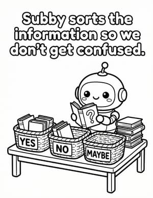 Subby the Robot reading at a table and sorting books into baskets labeled Yes, No, and Maybe.