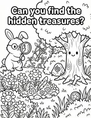 A bunny with a magnifying glass in a garden, hunting for hidden treasures like a key, a feather, a bone, and a coin.