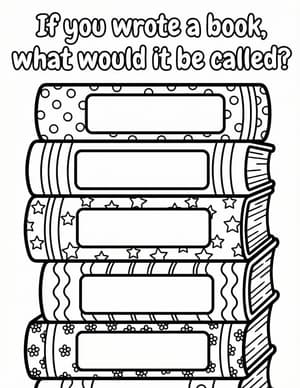 A tall stack of patterned books with blank spine labels, ready for kids to write their own titles.