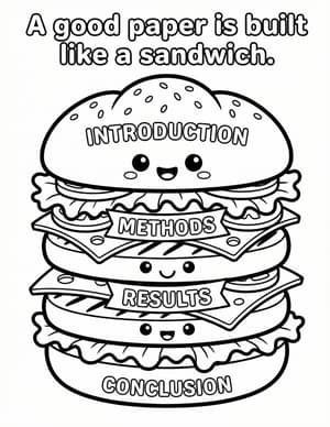 A giant smiling sandwich with layers labeled Introduction, Methods, Results, and Conclusion.