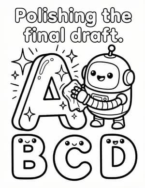 Subby the Robot polishing a giant shiny letter A above smiling letters B, C, and D.