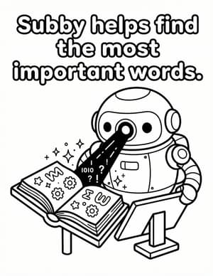 Subby the Robot scanning an open book with a beam of light, with sparkles and numbers floating up.