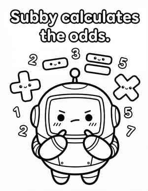 Subby the Robot thinking hard, surrounded by numbers and plus, minus, times, and equals signs.