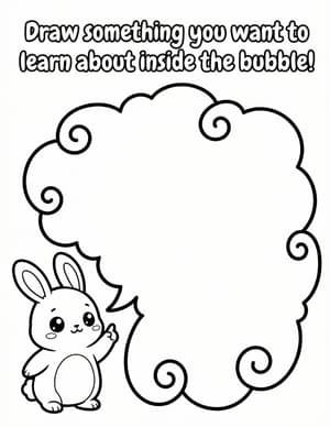 A bunny pointing at a giant empty thought bubble, left blank for kids to draw what they want to learn.