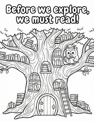 A giant hollow tree with bookshelves built into its trunk, a door, a ladder, and an owl reading inside.