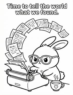 A bunny in glasses typing on a vintage typewriter as pages fly out.