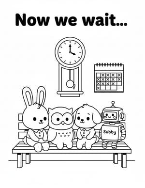 The bunny, owl, puppy, and Subby the Robot waiting on a bench under a clock and a calendar.