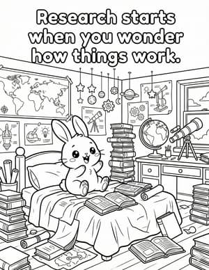 A bunny on a bed in a cluttered bedroom full of books, maps, a globe, a telescope, and hanging planet mobiles.